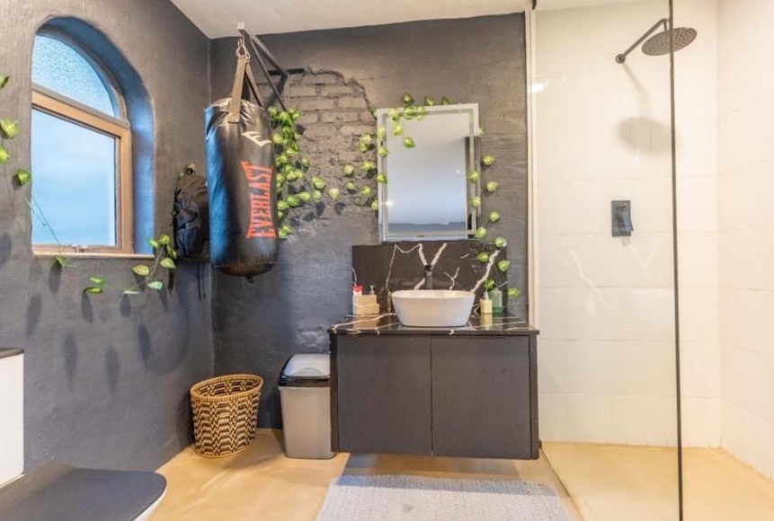 Charcoal bathroom with a walk-in shower