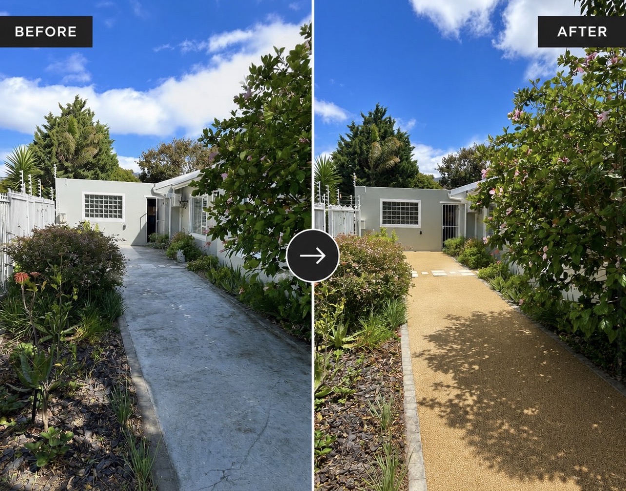 Before and after of a seamless driveway resurfacing