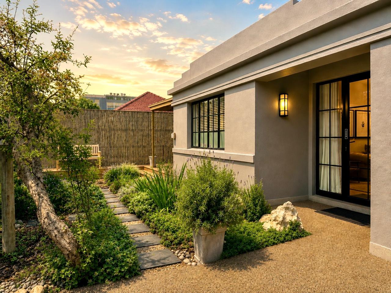 Landscaped garden entrance with seamless paving
